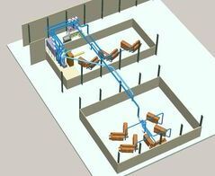 Absauganlage für Endscheiben an 11 Slicern mit Wiege und Fördereinrichtung / Extraction system for end plates at 11 slicers with cradle and conveyor