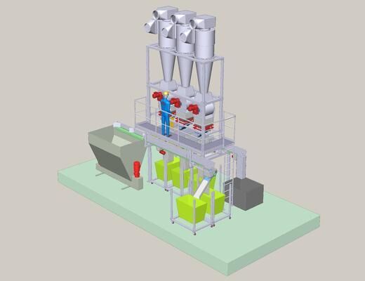 Absauganlage für Endscheiben an 11 Slicern mit Wiege und Fördereinrichtung / Extraction system for end plates at 11 slicers with cradle and conveyor