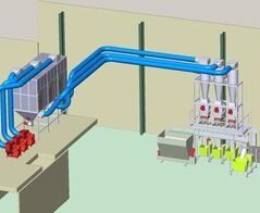 Absauganlage für Endscheiben an 11 Slicern mit Wiege und Fördereinrichtung / Extraction system for end plates at 11 slicers with cradle and conveyor
